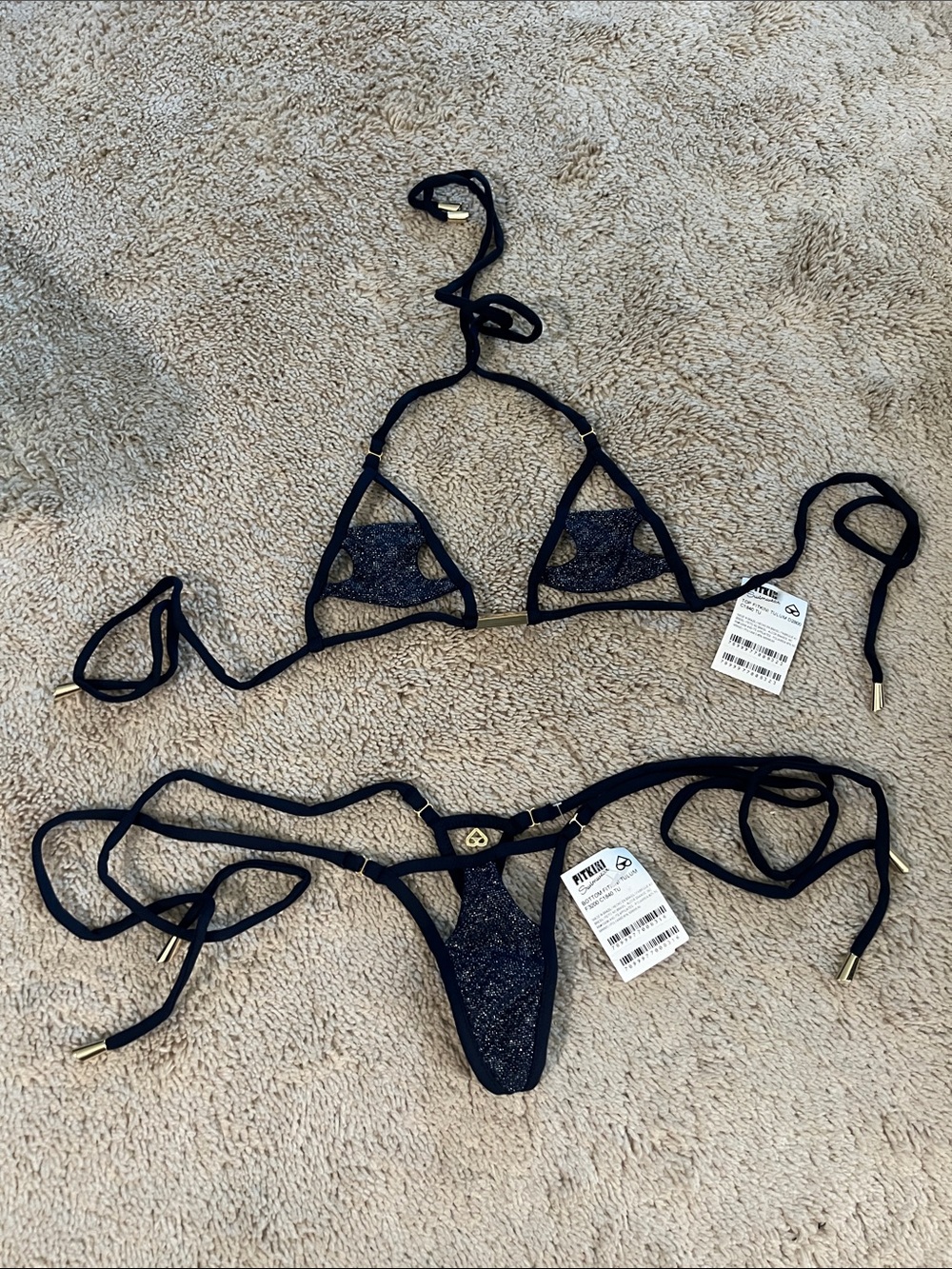 Navy blue Shimmer Triangle String Bikini Set